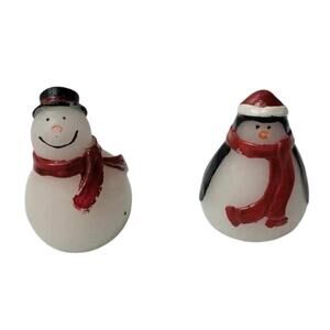 set of 2 Ceramic Christmas holiday Snow Man Santa Miniature